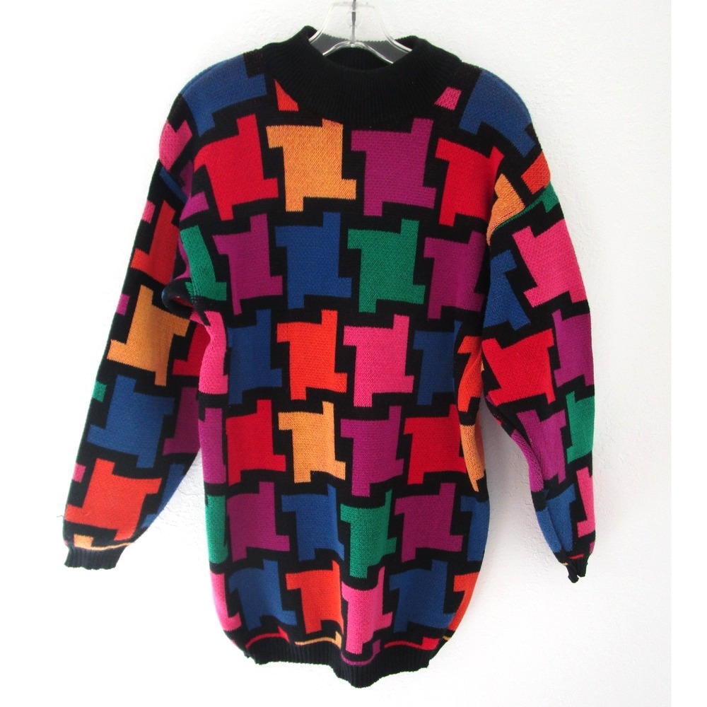 Vintage Westbound Geometric Puzzle Oversized Knit Sweater Womens Size S Abstract